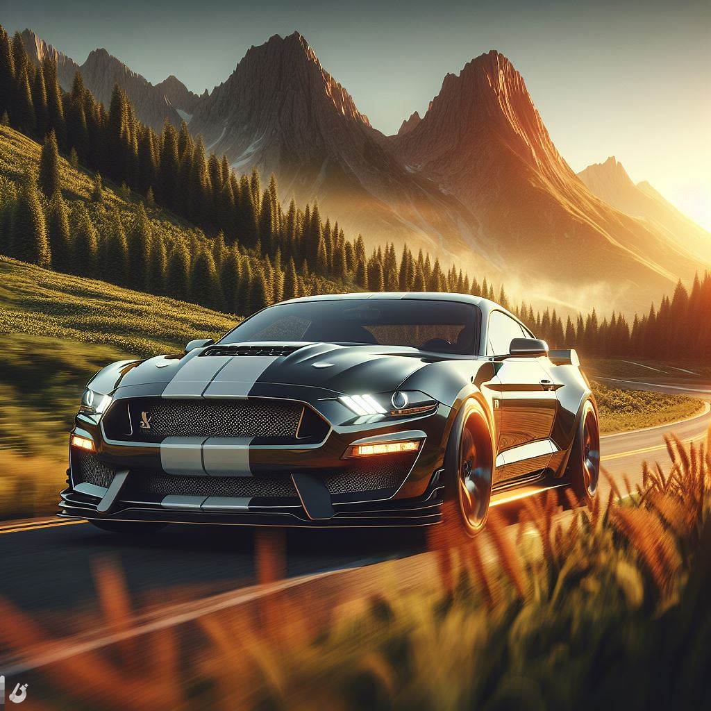 3D Car Render with super shiny coat zooming on a Sun setting mountain with plenty of greenery, have the car be a mustang shelby gt and looking really luxury have image be 1920 x 1080