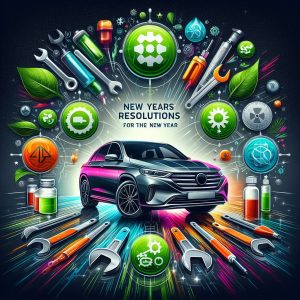 An image depicting a vibrant, well-maintained car surrounded by symbolic representations of New Year's resolutions for car owners. The car, gleaming in the center, embodies renewal and freshness for the upcoming year. Surrounding it are tools like wrenches and oils, eco-friendly symbols such as leaves and eco badges, technological icons denoting smart car features, and travel-inspired elements like maps and road signs. The composition exudes a sense of rejuvenation, progress, and a promising start for a well-cared-for vehicle in the resolution of 1920 by 1080.